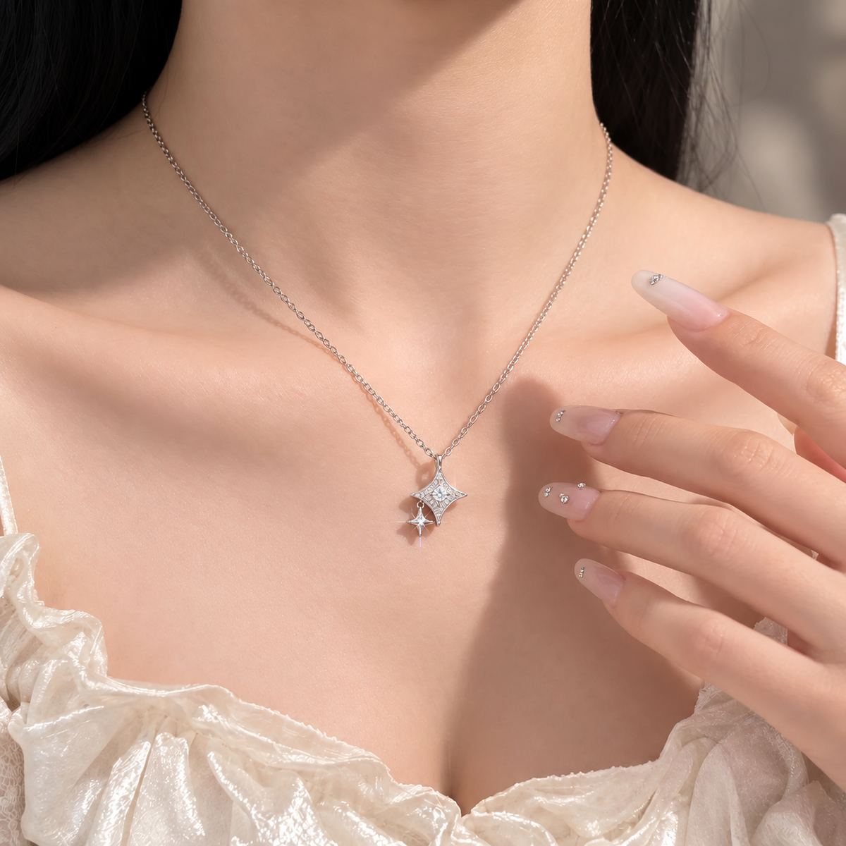 Starlit Pulse Necklace worn with an ivory neckline in natural light